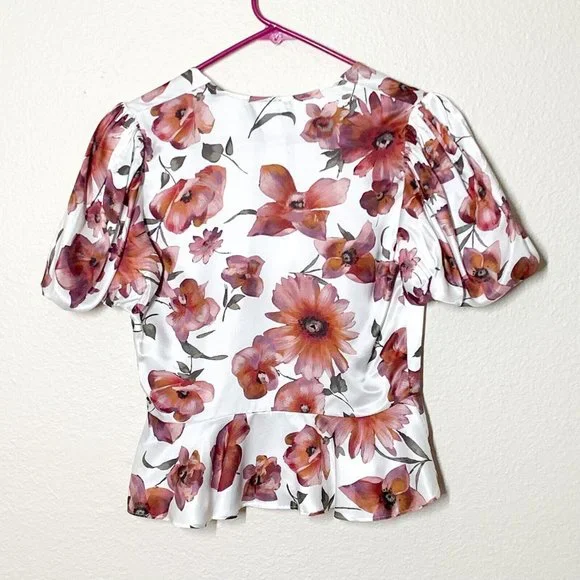 The Kooples Printed Ecru Top 1 Small Floral Motif Peplum Gathered Puff Sleeves - Picture 6 of 7